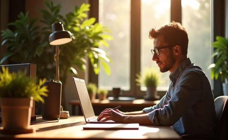 Ein strahlend helles, lebendiges Büro mit einem fokussierten Entwickler am Schreibtisch, der mit natürlichem Tageslicht sanft beleuchtet wird und konzentriert am Laptop komplexen Code prüft, während warme Holztöne und Pflanzen eine einladende, vertrauensvolle Atmosphäre schaffen.