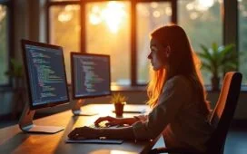 Ein freundlich wirkendes, modern eingerichtetes Büro bei Tageslicht, in dem eine konzentrierte IT-Fachkraft vor mehreren Bildschirmen mit Code und Sicherheitsscans sitzt, während warme Sonnenstrahlen durch große Fenster fallen und so eine Atmosphäre von Vertrauen und verantwortungsbewusstem Schutz in der digitalen Welt schaffen.