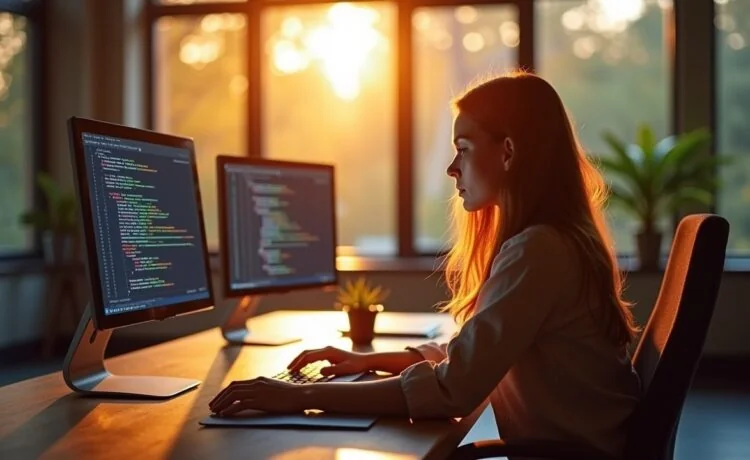 Ein freundlich wirkendes, modern eingerichtetes Büro bei Tageslicht, in dem eine konzentrierte IT-Fachkraft vor mehreren Bildschirmen mit Code und Sicherheitsscans sitzt, während warme Sonnenstrahlen durch große Fenster fallen und so eine Atmosphäre von Vertrauen und verantwortungsbewusstem Schutz in der digitalen Welt schaffen.