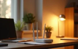 Ein hell erleuchteter, moderner Heimarbeitsplatz mit einem gut sichtbaren, dezent platzierten DSL-Router auf einem aufgeräumten Schreibtisch, umgeben von warmen Holztönen und sanftem Tageslicht, das eine freundliche und vertrauensvolle Atmosphäre schafft und die Dringlichkeit digitalen Schutzes auf einladende Weise vermittelt.