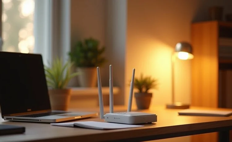 Ein hell erleuchteter, moderner Heimarbeitsplatz mit einem gut sichtbaren, dezent platzierten DSL-Router auf einem aufgeräumten Schreibtisch, umgeben von warmen Holztönen und sanftem Tageslicht, das eine freundliche und vertrauensvolle Atmosphäre schafft und die Dringlichkeit digitalen Schutzes auf einladende Weise vermittelt.