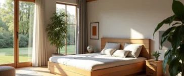 Ein sonnendurchflutetes, modernes Wohnzimmer mit einem elegant designten Saugroboter auf hellem Parkett, umgeben von warmen Holzmöbeln und grünen Zimmerpflanzen, der behutsam über die Oberfläche gleitet und dabei die Atmosphäre von Sicherheit und alltäglicher Geborgenheit vermittelt.