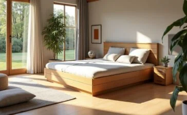 Ein sonnendurchflutetes, modernes Wohnzimmer mit einem elegant designten Saugroboter auf hellem Parkett, umgeben von warmen Holzmöbeln und grünen Zimmerpflanzen, der behutsam über die Oberfläche gleitet und dabei die Atmosphäre von Sicherheit und alltäglicher Geborgenheit vermittelt.