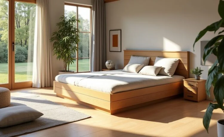 Ein sonnendurchflutetes, modernes Wohnzimmer mit einem elegant designten Saugroboter auf hellem Parkett, umgeben von warmen Holzmöbeln und grünen Zimmerpflanzen, der behutsam über die Oberfläche gleitet und dabei die Atmosphäre von Sicherheit und alltäglicher Geborgenheit vermittelt.