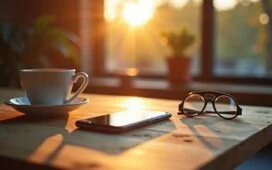 Ein hell erleuchteter Arbeitsplatz mit einem modernen Smartphone auf einem organisch strukturierten Holztisch, umgeben von alltäglichen Gegenständen wie einer Tasse Kaffee und Brille, in einer freundlichen, warmen Morgenatmosphäre, die das Thema digitale Sicherheit und achtsame Smartphone-Nutzung subtil und einladend visualisiert.