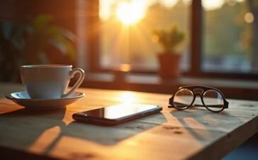 Ein hell erleuchteter Arbeitsplatz mit einem modernen Smartphone auf einem organisch strukturierten Holztisch, umgeben von alltäglichen Gegenständen wie einer Tasse Kaffee und Brille, in einer freundlichen, warmen Morgenatmosphäre, die das Thema digitale Sicherheit und achtsame Smartphone-Nutzung subtil und einladend visualisiert.