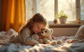 Ein warm erleuchtetes Kinderzimmer, in dem ein neugieriges Mädchen vertrauensvoll ein modernes, sprechendes Kuscheltier umarmt, während sanftes Tageslicht durch das Fenster fällt und die Mischung aus kindlicher Unbeschwertheit und der stillen, unsichtbaren Präsenz digitaler Technik spürbar wird.