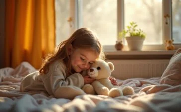 Ein warm erleuchtetes Kinderzimmer, in dem ein neugieriges Mädchen vertrauensvoll ein modernes, sprechendes Kuscheltier umarmt, während sanftes Tageslicht durch das Fenster fällt und die Mischung aus kindlicher Unbeschwertheit und der stillen, unsichtbaren Präsenz digitaler Technik spürbar wird.