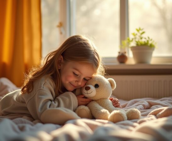 Ein warm erleuchtetes Kinderzimmer, in dem ein neugieriges Mädchen vertrauensvoll ein modernes, sprechendes Kuscheltier umarmt, während sanftes Tageslicht durch das Fenster fällt und die Mischung aus kindlicher Unbeschwertheit und der stillen, unsichtbaren Präsenz digitaler Technik spürbar wird.