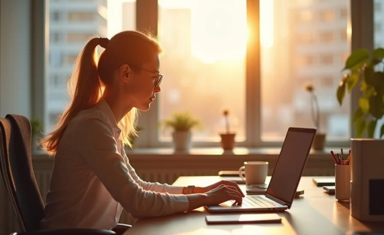 In einem modernen, lichtdurchfluteten Büro sitzt eine konzentrierte Finanzexpertin entspannt am Schreibtisch, umgeben von Akten und einem Laptop, während warme Sonneneinstrahlung durch große Fenster fällt und so die komplexe Herausforderung von KI-gestütztem Spesenbetrug auf eine menschliche, vertrauensvolle Weise greifbar macht.