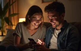 In einem hell erleuchteten, modernen Wohn- oder Büroambiente reichen eine junge Frau mit einem Pixel 10 und ein junger Mann mit einem iPhone sich entspannt lächelnd die Hand, während zwischen ihren Geräten dezent ein sanfter Lichtschein die unsichtbare Verbindung und den nahtlosen Datenaustausch symbolisiert – warm, einladend und voller Fortschrittsoptimismus.