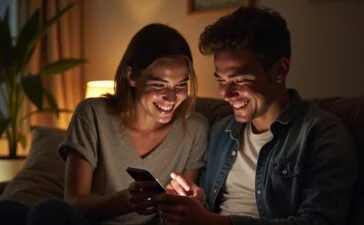 In einem hell erleuchteten, modernen Wohn- oder Büroambiente reichen eine junge Frau mit einem Pixel 10 und ein junger Mann mit einem iPhone sich entspannt lächelnd die Hand, während zwischen ihren Geräten dezent ein sanfter Lichtschein die unsichtbare Verbindung und den nahtlosen Datenaustausch symbolisiert – warm, einladend und voller Fortschrittsoptimismus.