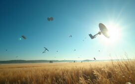 Eine strahlend helle Aufnahme zeigt eine friedliche Landschaft unter klarem blauen Himmel, über der sich ein Schwarm moderner Satelliten in der Umlaufbahn sanft vor der Sonne positioniert, während warmes, natürliches Licht die Szene durchflutet und dabei Hoffnung und die komplexe Balance zwischen Technologie und Umweltschutz emotional spürbar werden lässt.