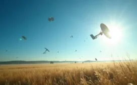 Eine strahlend helle Aufnahme zeigt eine friedliche Landschaft unter klarem blauen Himmel, über der sich ein Schwarm moderner Satelliten in der Umlaufbahn sanft vor der Sonne positioniert, während warmes, natürliches Licht die Szene durchflutet und dabei Hoffnung und die komplexe Balance zwischen Technologie und Umweltschutz emotional spürbar werden lässt.