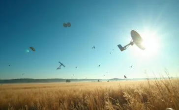 Eine strahlend helle Aufnahme zeigt eine friedliche Landschaft unter klarem blauen Himmel, über der sich ein Schwarm moderner Satelliten in der Umlaufbahn sanft vor der Sonne positioniert, während warmes, natürliches Licht die Szene durchflutet und dabei Hoffnung und die komplexe Balance zwischen Technologie und Umweltschutz emotional spürbar werden lässt.