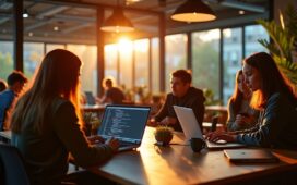 Ein warm erleuchteter, moderner Arbeitsplatz mit Entwickler:innen, die konzentriert an Laptops mit geöffneten Code-Editoren und Git-Tools arbeiten, umgeben von Holz- und Pflanzenakzenten, die eine entspannte, produktive Atmosphäre voller Fokus und Zusammenarbeit ausstrahlen.