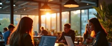 Ein warm erleuchteter, moderner Arbeitsplatz mit Entwickler:innen, die konzentriert an Laptops mit geöffneten Code-Editoren und Git-Tools arbeiten, umgeben von Holz- und Pflanzenakzenten, die eine entspannte, produktive Atmosphäre voller Fokus und Zusammenarbeit ausstrahlen.