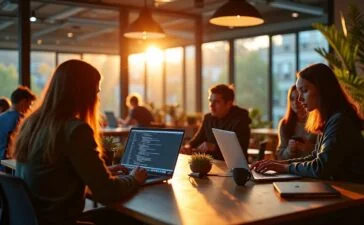 Ein warm erleuchteter, moderner Arbeitsplatz mit Entwickler:innen, die konzentriert an Laptops mit geöffneten Code-Editoren und Git-Tools arbeiten, umgeben von Holz- und Pflanzenakzenten, die eine entspannte, produktive Atmosphäre voller Fokus und Zusammenarbeit ausstrahlen.