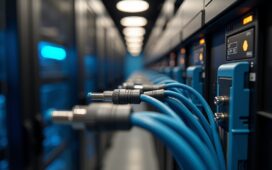 Ein strahlend helles, natürlich beleuchtetes Close-up moderner Glasfaserkabel und Steckverbinder in einem hochordentlichen, technologisch fortschrittlichen Serverraum, der mit warmen Holz- und Metallakzenten eine freundliche, einladende Atmosphäre schafft und die Zukunftsfähigkeit und Präzision der Netscale-Plattform von Reichle & De-Massari auf subtile Weise vermittelt.