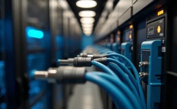 Ein strahlend helles, natürlich beleuchtetes Close-up moderner Glasfaserkabel und Steckverbinder in einem hochordentlichen, technologisch fortschrittlichen Serverraum, der mit warmen Holz- und Metallakzenten eine freundliche, einladende Atmosphäre schafft und die Zukunftsfähigkeit und Präzision der Netscale-Plattform von Reichle & De-Massari auf subtile Weise vermittelt.