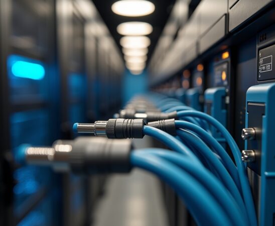 Ein strahlend helles, natürlich beleuchtetes Close-up moderner Glasfaserkabel und Steckverbinder in einem hochordentlichen, technologisch fortschrittlichen Serverraum, der mit warmen Holz- und Metallakzenten eine freundliche, einladende Atmosphäre schafft und die Zukunftsfähigkeit und Präzision der Netscale-Plattform von Reichle & De-Massari auf subtile Weise vermittelt.