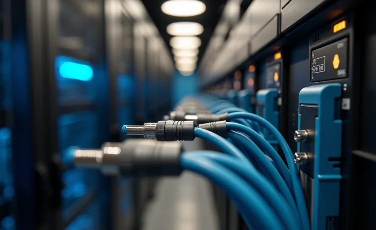 Ein strahlend helles, natürlich beleuchtetes Close-up moderner Glasfaserkabel und Steckverbinder in einem hochordentlichen, technologisch fortschrittlichen Serverraum, der mit warmen Holz- und Metallakzenten eine freundliche, einladende Atmosphäre schafft und die Zukunftsfähigkeit und Präzision der Netscale-Plattform von Reichle & De-Massari auf subtile Weise vermittelt.