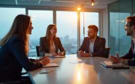 Ein freundliches, hell ausgeleuchtetes Meeting in einem modernen, lichtdurchfluteten Büro mit internationalen Fachleuten unterschiedlicher Herkunft in angeregtem Austausch über Datenschutzstrategien, umgeben von moderner Technik und transparenter, offener Atmosphäre, die Vertrauen und weltweite Kooperation symbolisiert.