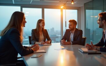 Ein freundliches, hell ausgeleuchtetes Meeting in einem modernen, lichtdurchfluteten Büro mit internationalen Fachleuten unterschiedlicher Herkunft in angeregtem Austausch über Datenschutzstrategien, umgeben von moderner Technik und transparenter, offener Atmosphäre, die Vertrauen und weltweite Kooperation symbolisiert.