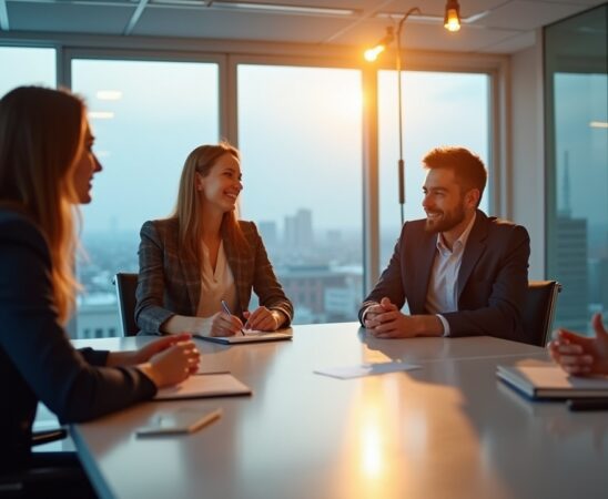 Ein freundliches, hell ausgeleuchtetes Meeting in einem modernen, lichtdurchfluteten Büro mit internationalen Fachleuten unterschiedlicher Herkunft in angeregtem Austausch über Datenschutzstrategien, umgeben von moderner Technik und transparenter, offener Atmosphäre, die Vertrauen und weltweite Kooperation symbolisiert.