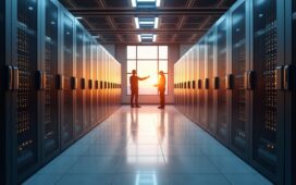 Ein modern gestalteter, heller Serverraum mit strahlend leuchtenden Exascale-Supercomputern, sanftes natürliches Licht fällt durch große Fenster und zeichnet warme Reflexionen auf glänzenden Metalloberflächen, während im Vordergrund konzentrierte Techniker in entspannter Atmosphäre mit neuester Hightech-Hardware interagieren und die Zukunft der weltweiten Rechenleistung lebendig wird.