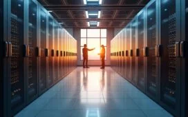 Ein modern gestalteter, heller Serverraum mit strahlend leuchtenden Exascale-Supercomputern, sanftes natürliches Licht fällt durch große Fenster und zeichnet warme Reflexionen auf glänzenden Metalloberflächen, während im Vordergrund konzentrierte Techniker in entspannter Atmosphäre mit neuester Hightech-Hardware interagieren und die Zukunft der weltweiten Rechenleistung lebendig wird.