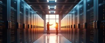 Ein modern gestalteter, heller Serverraum mit strahlend leuchtenden Exascale-Supercomputern, sanftes natürliches Licht fällt durch große Fenster und zeichnet warme Reflexionen auf glänzenden Metalloberflächen, während im Vordergrund konzentrierte Techniker in entspannter Atmosphäre mit neuester Hightech-Hardware interagieren und die Zukunft der weltweiten Rechenleistung lebendig wird.