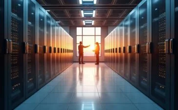 Ein modern gestalteter, heller Serverraum mit strahlend leuchtenden Exascale-Supercomputern, sanftes natürliches Licht fällt durch große Fenster und zeichnet warme Reflexionen auf glänzenden Metalloberflächen, während im Vordergrund konzentrierte Techniker in entspannter Atmosphäre mit neuester Hightech-Hardware interagieren und die Zukunft der weltweiten Rechenleistung lebendig wird.