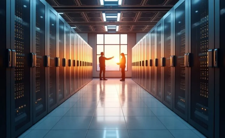 Ein modern gestalteter, heller Serverraum mit strahlend leuchtenden Exascale-Supercomputern, sanftes natürliches Licht fällt durch große Fenster und zeichnet warme Reflexionen auf glänzenden Metalloberflächen, während im Vordergrund konzentrierte Techniker in entspannter Atmosphäre mit neuester Hightech-Hardware interagieren und die Zukunft der weltweiten Rechenleistung lebendig wird.