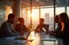 In einem modernen, lichtdurchfluteten Büro strahlen engagierte Fachleute mit vielfältigem Hintergrund bei einem inspirierenden Brainstorming über futuristische KI-Projekte, umgeben von warmem Tageslicht und realistischen Details, die Dynamik und Zukunftsoptimismus symbolisieren.