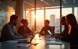 In einem modernen, lichtdurchfluteten Büro strahlen engagierte Fachleute mit vielfältigem Hintergrund bei einem inspirierenden Brainstorming über futuristische KI-Projekte, umgeben von warmem Tageslicht und realistischen Details, die Dynamik und Zukunftsoptimismus symbolisieren.