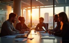 In einem modernen, lichtdurchfluteten Büro strahlen engagierte Fachleute mit vielfältigem Hintergrund bei einem inspirierenden Brainstorming über futuristische KI-Projekte, umgeben von warmem Tageslicht und realistischen Details, die Dynamik und Zukunftsoptimismus symbolisieren.