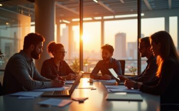 In einem modernen, lichtdurchfluteten Büro strahlen engagierte Fachleute mit vielfältigem Hintergrund bei einem inspirierenden Brainstorming über futuristische KI-Projekte, umgeben von warmem Tageslicht und realistischen Details, die Dynamik und Zukunftsoptimismus symbolisieren.