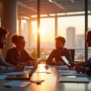 In einem modernen, lichtdurchfluteten Büro strahlen engagierte Fachleute mit vielfältigem Hintergrund bei einem inspirierenden Brainstorming über futuristische KI-Projekte, umgeben von warmem Tageslicht und realistischen Details, die Dynamik und Zukunftsoptimismus symbolisieren.