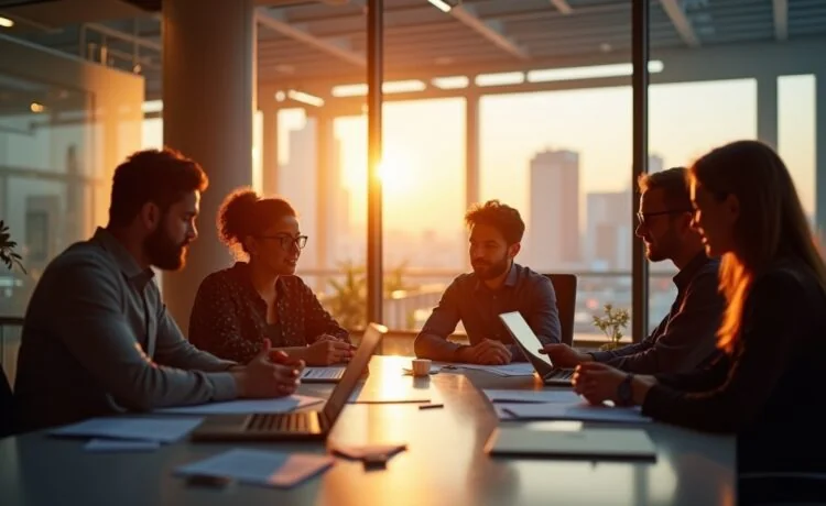 In einem modernen, lichtdurchfluteten Büro strahlen engagierte Fachleute mit vielfältigem Hintergrund bei einem inspirierenden Brainstorming über futuristische KI-Projekte, umgeben von warmem Tageslicht und realistischen Details, die Dynamik und Zukunftsoptimismus symbolisieren.