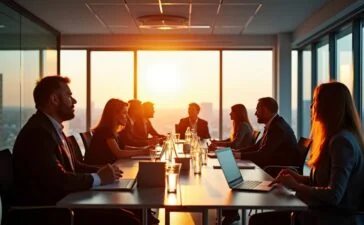 Ein hell erleuchteter, moderner Konferenzraum mit internationalen Fachleuten in lebhaften Gesprächen, umgeben von großen Fenstern, die warmes Tageslicht hereinlassen und so das dynamische, vernetzte Streben nach globaler KI-Strategie und Zusammenarbeit atmosphärisch einfangen.