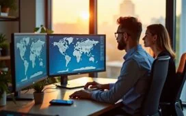 Ein modernes IT-Team in einem hellen, freundlich gestalteten Büro, konzentriert vor mehreren Bildschirmen mit klaren, realistischen Grafiken, die dynamisch Regionen und Cloud-Dienste weltweit vergleichen, während sanftes Tageslicht durch große Fenster fällt und eine warme, einladende Atmosphäre schafft.