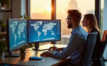 Ein modernes IT-Team in einem hellen, freundlich gestalteten Büro, konzentriert vor mehreren Bildschirmen mit klaren, realistischen Grafiken, die dynamisch Regionen und Cloud-Dienste weltweit vergleichen, während sanftes Tageslicht durch große Fenster fällt und eine warme, einladende Atmosphäre schafft.