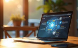 Ein hell erleuchteter moderner Arbeitsplatz mit offenem Laptop und Chrome-Browser, auf dem eine intuitive AI-Schaltfläche für smarte Suchanfragen sichtbar ist, umgeben von warmem Tageslicht und einem freundlichen, einladenden Ambiente, das Zukunft und Innovation in der digitalen Recherche symbolisiert.