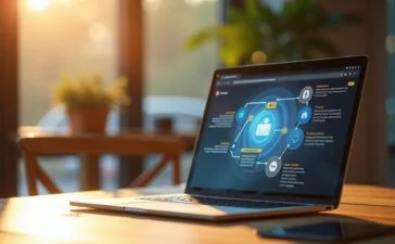 Ein hell erleuchteter moderner Arbeitsplatz mit offenem Laptop und Chrome-Browser, auf dem eine intuitive AI-Schaltfläche für smarte Suchanfragen sichtbar ist, umgeben von warmem Tageslicht und einem freundlichen, einladenden Ambiente, das Zukunft und Innovation in der digitalen Recherche symbolisiert.