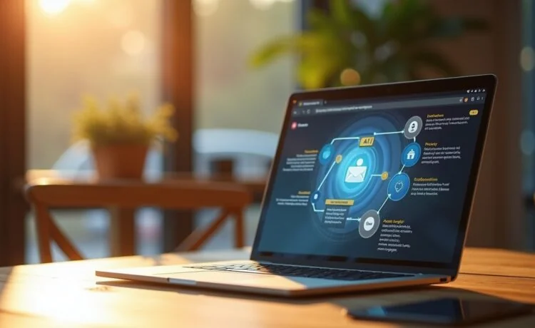 Ein hell erleuchteter moderner Arbeitsplatz mit offenem Laptop und Chrome-Browser, auf dem eine intuitive AI-Schaltfläche für smarte Suchanfragen sichtbar ist, umgeben von warmem Tageslicht und einem freundlichen, einladenden Ambiente, das Zukunft und Innovation in der digitalen Recherche symbolisiert.