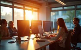 Ein hell erleuchtetes, modernes Büro mit entspannt diskutierenden Entwickler:innen vor großen Bildschirmen, die lebendig und realistisch die dynamische Spannung zwischen technologischem Fortschritt und kritischem Austausch über künstliche Intelligenz ausstrahlen – warmes Tageslicht flutet den Raum und schafft eine freundliche Atmosphäre voller Hoffnung und ehrlicher Reflexion.