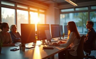 Ein hell erleuchtetes, modernes Büro mit entspannt diskutierenden Entwickler:innen vor großen Bildschirmen, die lebendig und realistisch die dynamische Spannung zwischen technologischem Fortschritt und kritischem Austausch über künstliche Intelligenz ausstrahlen – warmes Tageslicht flutet den Raum und schafft eine freundliche Atmosphäre voller Hoffnung und ehrlicher Reflexion.