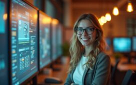 Ein warm beleuchtetes, modernes Büro mit einem lächelnden Menschen vor einem großen Bildschirm, der gleichzeitig Gesprächspartner und Technologie präsentiert, umgeben von natürlichen Lichtstrahlen und dezenten Details einer offenen, einladenden Arbeitsatmosphäre.