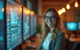 Ein warm beleuchtetes, modernes Büro mit einem lächelnden Menschen vor einem großen Bildschirm, der gleichzeitig Gesprächspartner und Technologie präsentiert, umgeben von natürlichen Lichtstrahlen und dezenten Details einer offenen, einladenden Arbeitsatmosphäre.